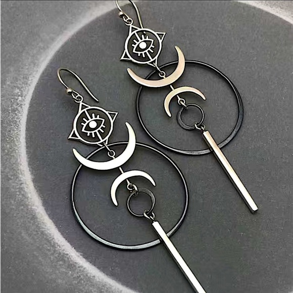 Silver Exaggerated Evil Eye Vintage Moon Punk Statement Geometric Earrings - Picture 7 of 9